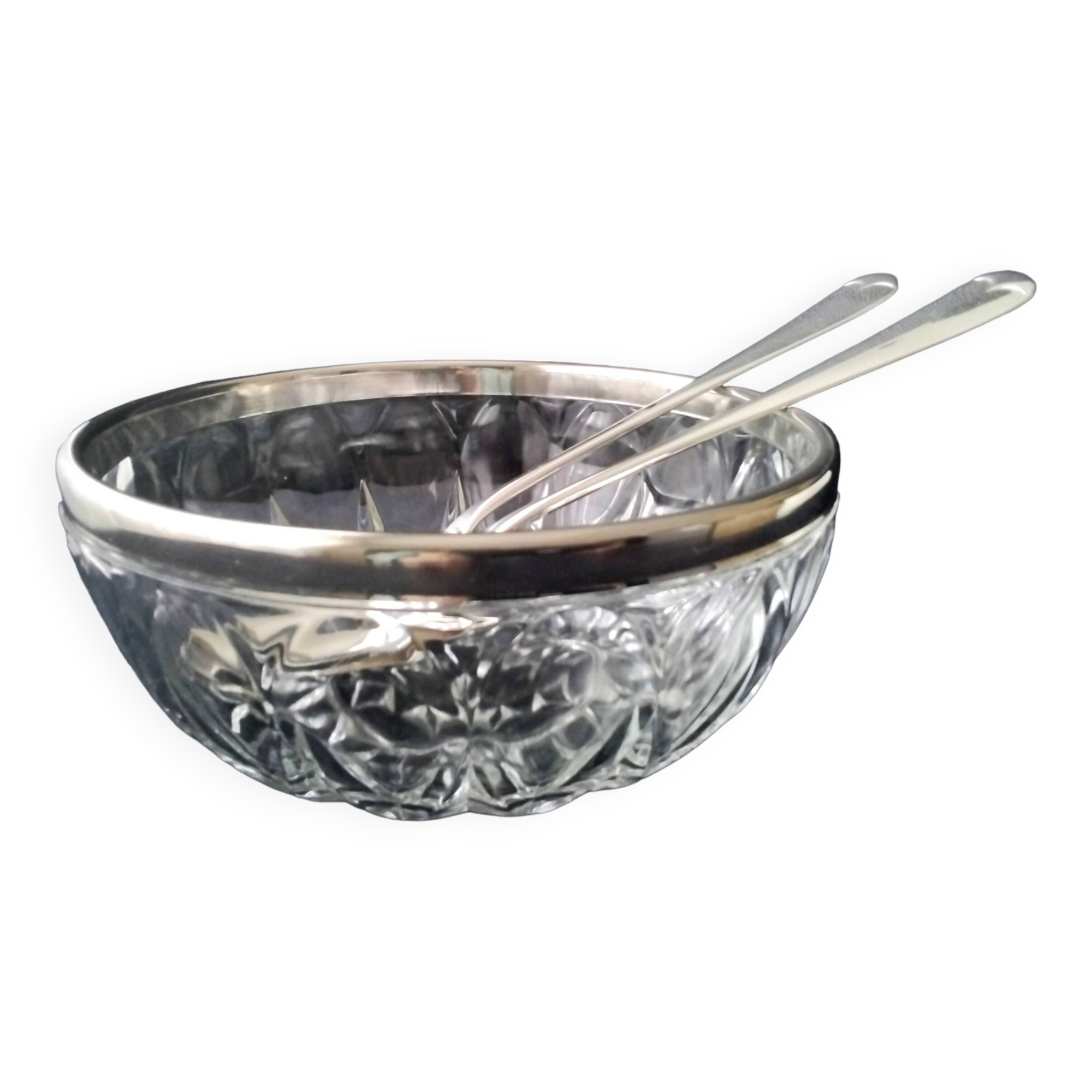 Salad bowl and serving cutlery in glass and silver metal