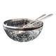 Salad bowl and serving cutlery in glass and silver metal