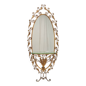 Entryway Mirror and Brass and Glass Console by Pierluigi Colli with Floral Frame