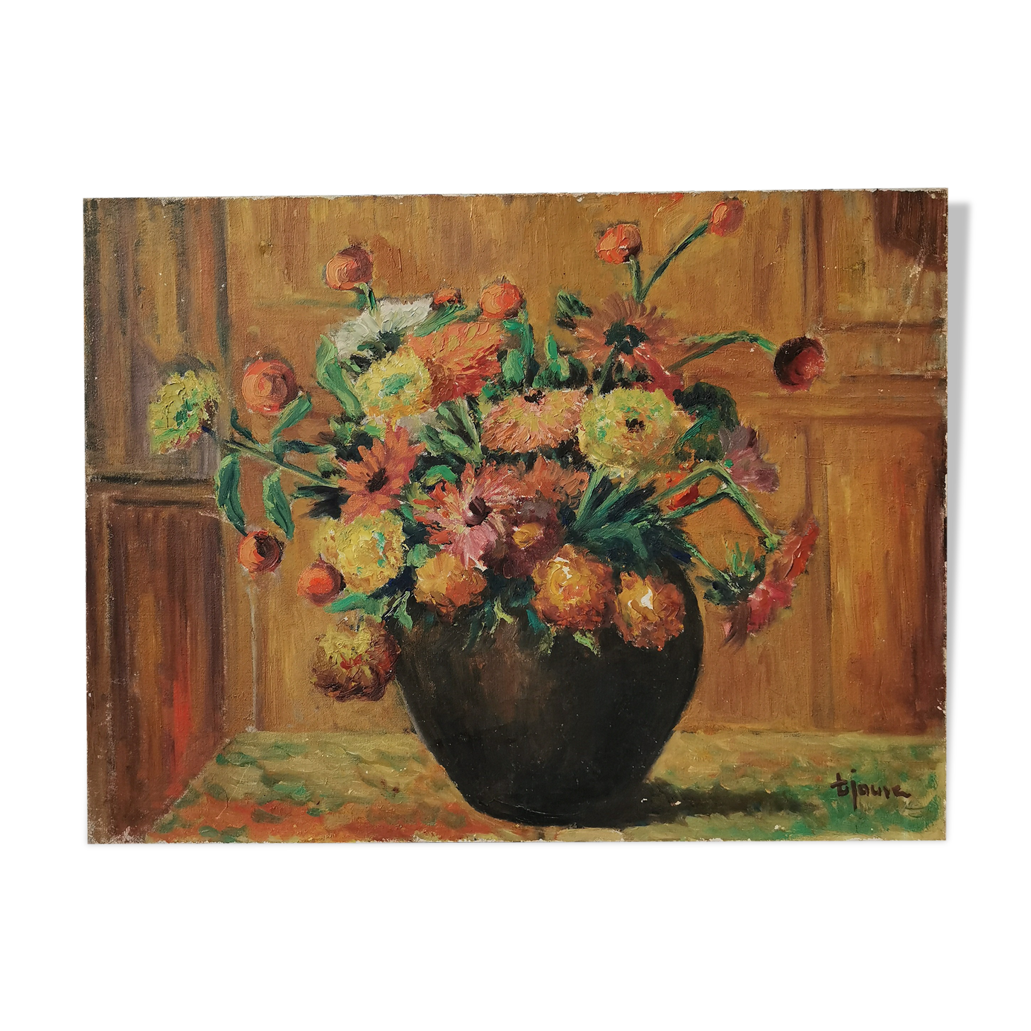 Ancient oil painting on canvas bouquet of flowers