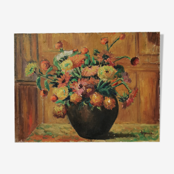 Tableau ancien huile sur toile bouquet de fleurs