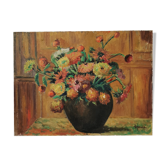 Tableau ancien huile sur toile bouquet de fleurs