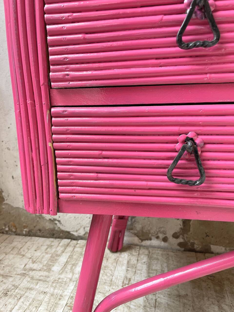 Vintage pink rattan chest of drawers