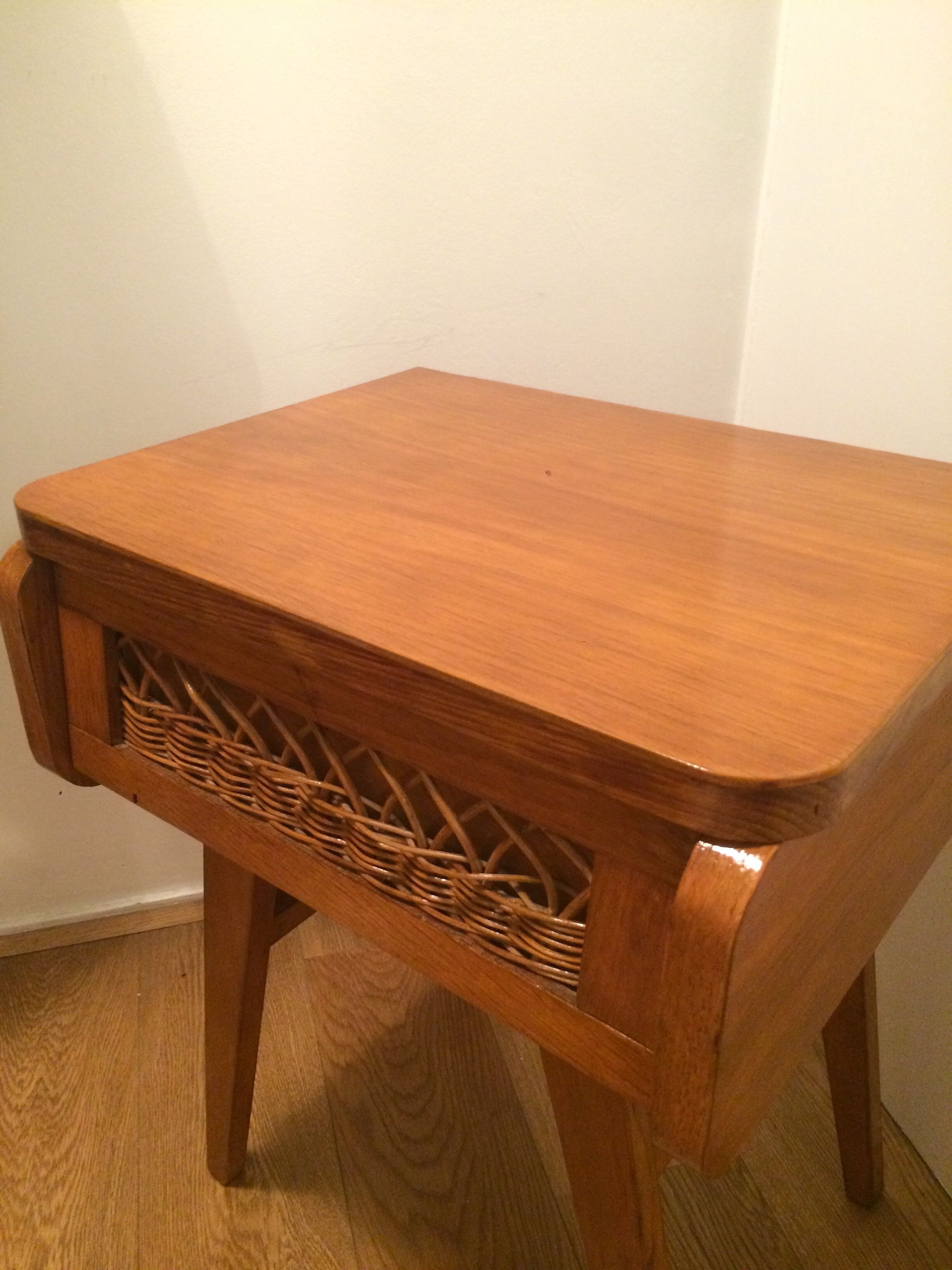 Vintage bedside table wood and rattan