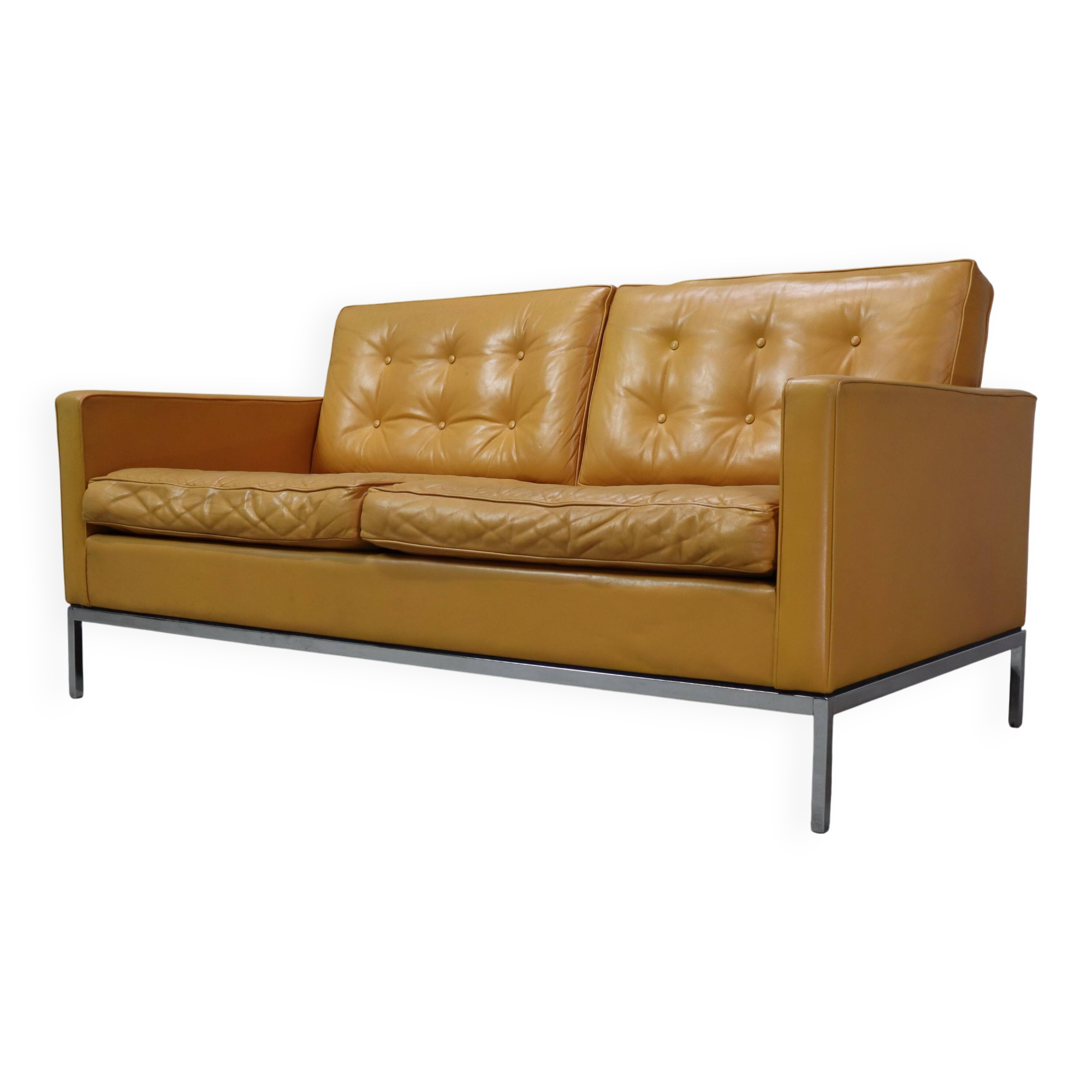 Florence Knoll two-seater sofa in mustard yellow leather, 1970