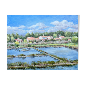 HST painting "Landscape of salt marshes" Ile de Ré (?) signed 1993