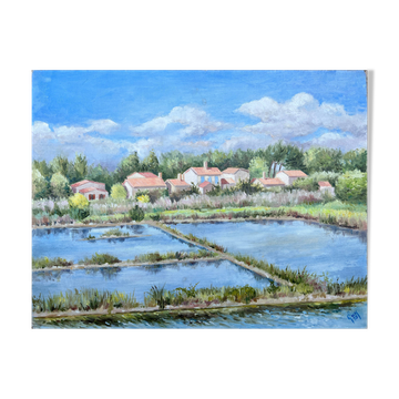 HST painting "Landscape of salt marshes" Ile de Ré (?) signed 1993