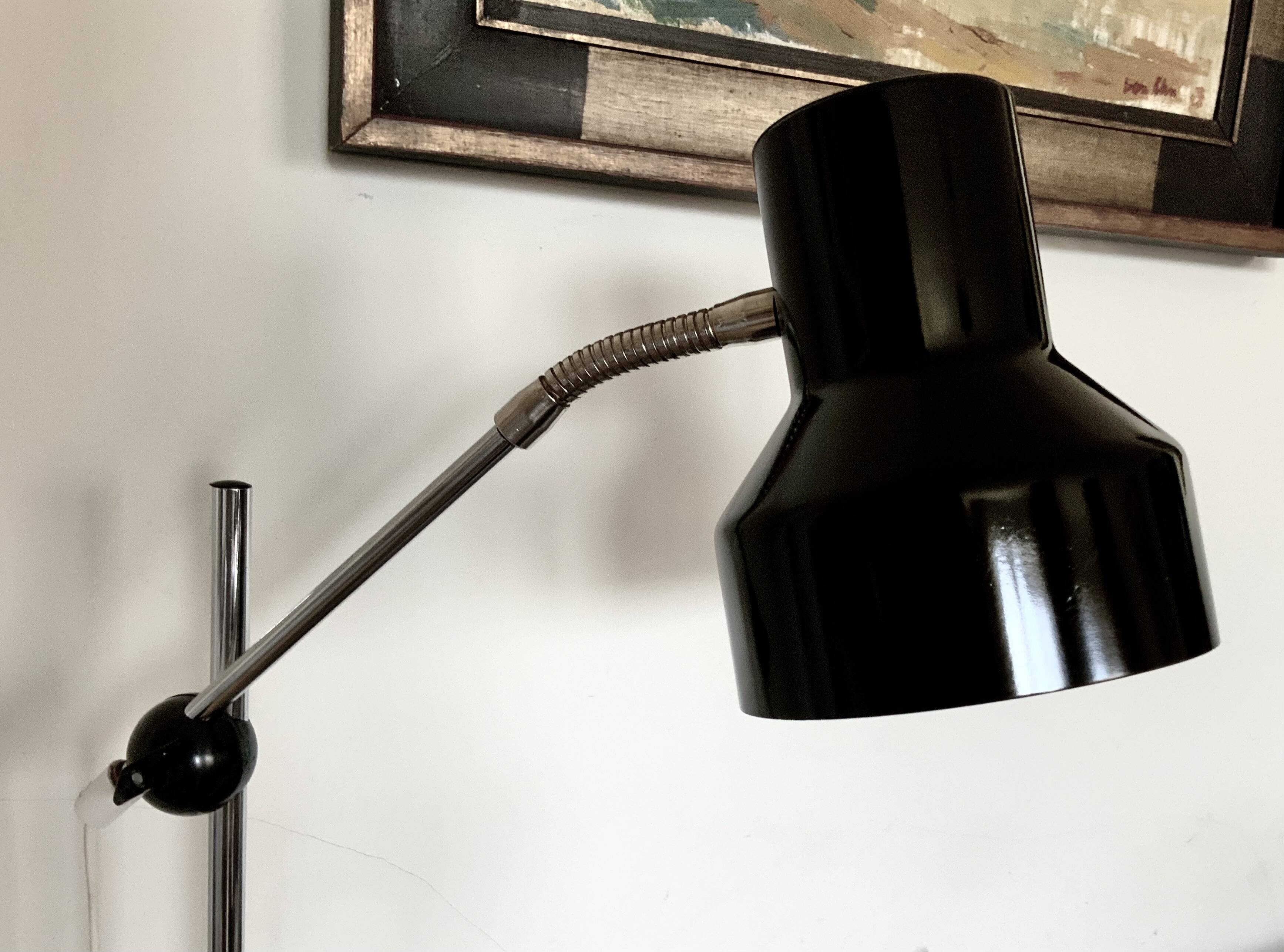 Lampadaire de lecture vintage rétro, noir, acier, Suède, années 1960