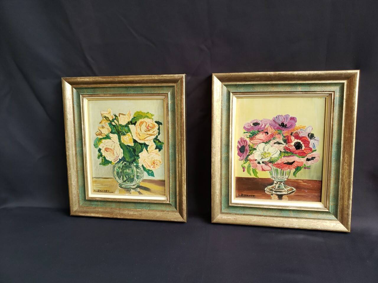 Pair of oils on panel "bouquet of yellow roses" and "bouquet of anemones"