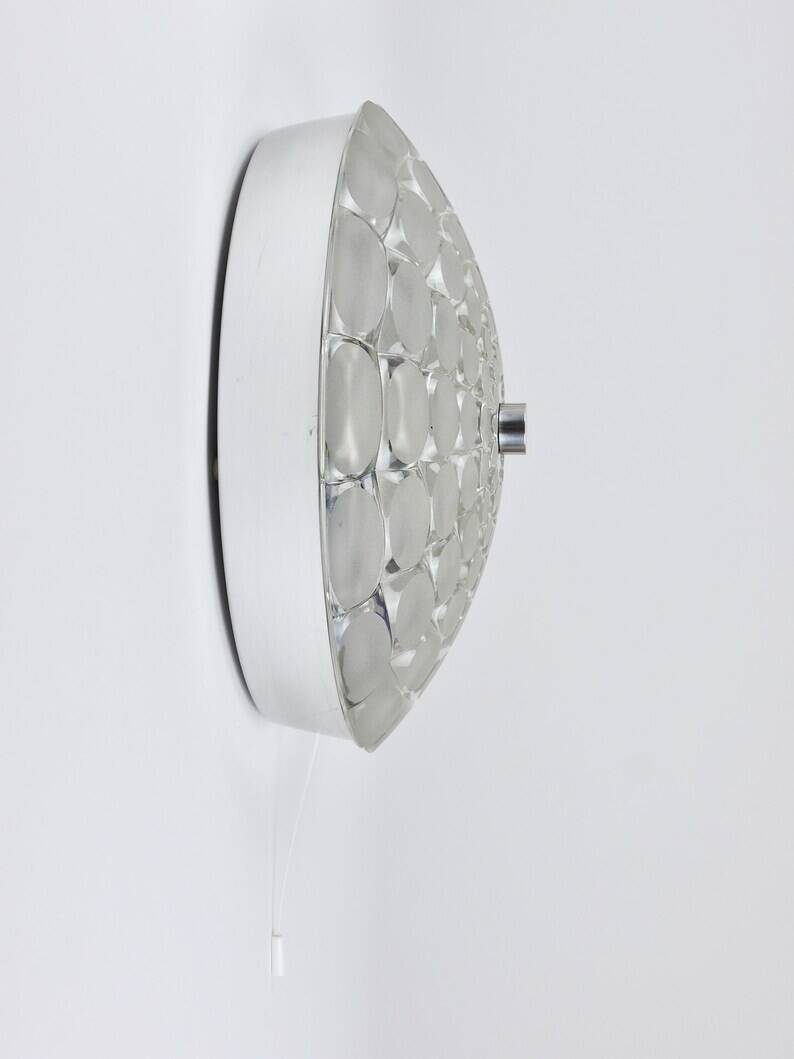 Peill & Putzer Large Round Op Art Glass Sconce, Wall Lamp, Flush Mount, Germany, 1970s