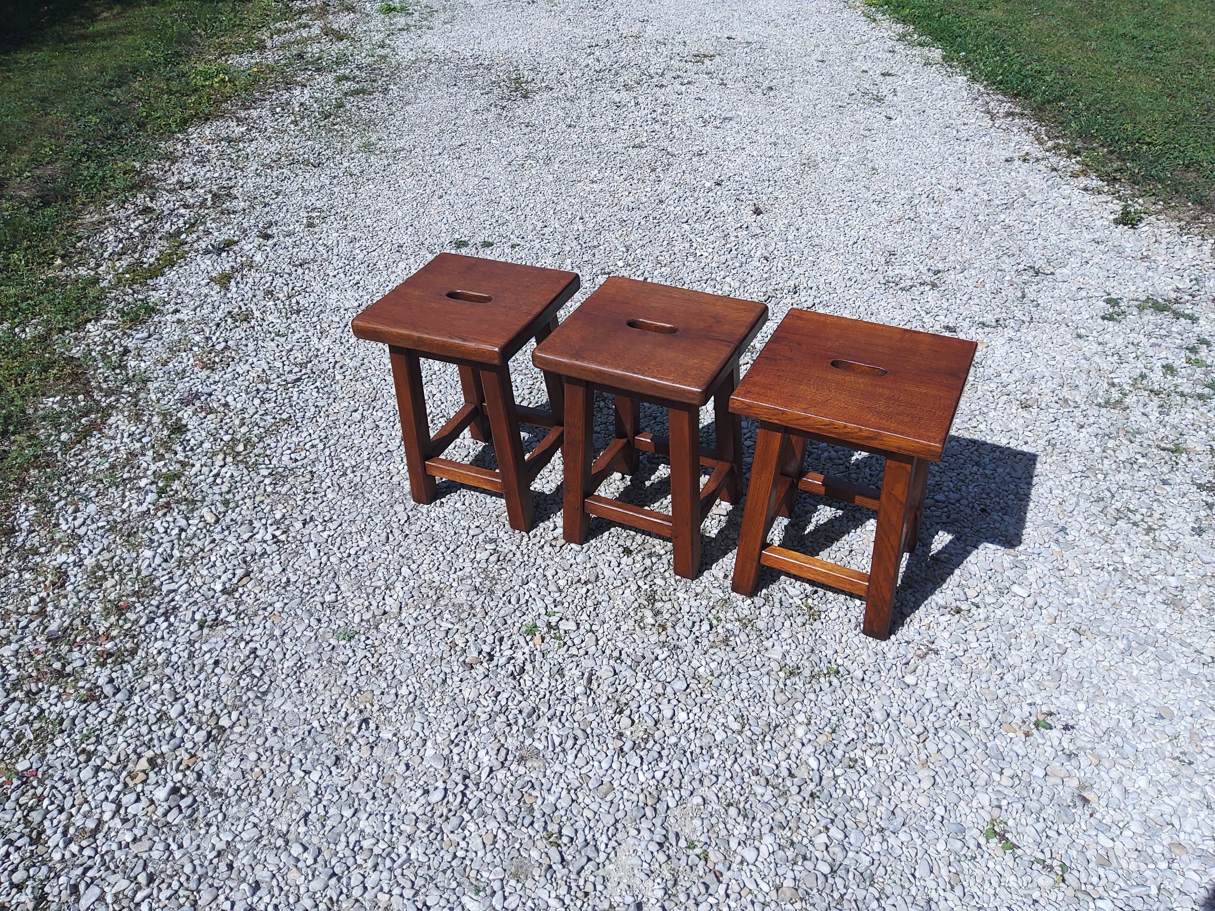 3 solid oak stools, 1980s