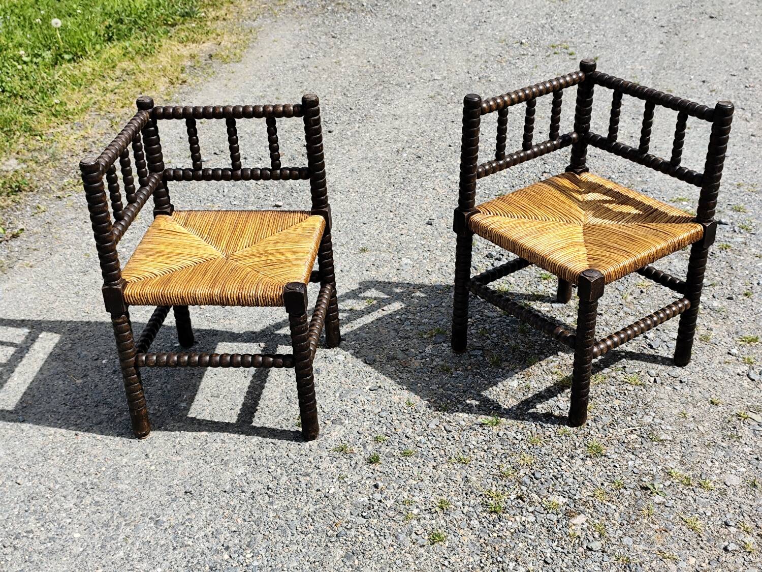 Pair of Bobbin armchairs, corner fire seat, corner