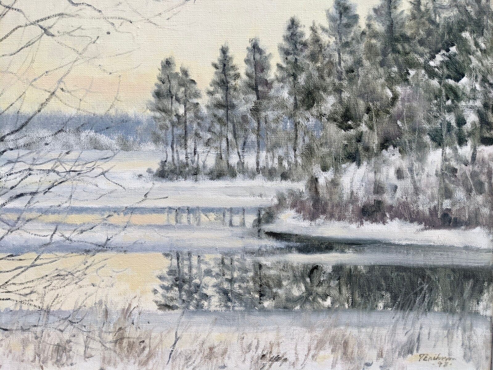 1998 "Crisp" Swedish Snow Forest Landscape Oil Painting, Framed