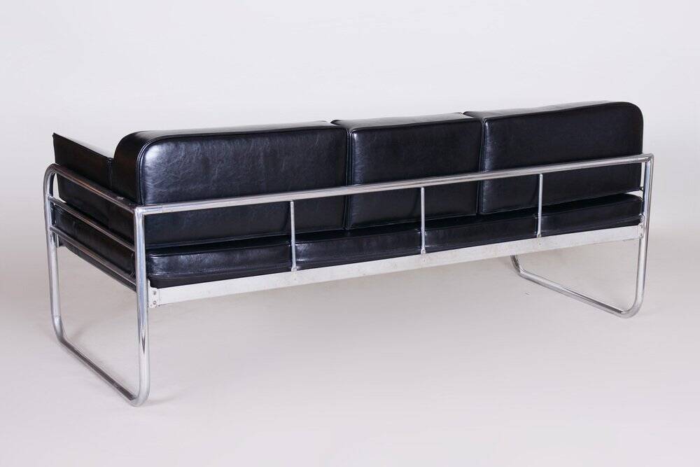 Sofa in Chrome-Plated Tubular Steel and Black Leather attributed to Hynek Gottwald, Former Czechoslovakia, 1930s