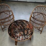 Paire fauteuils rotin et table