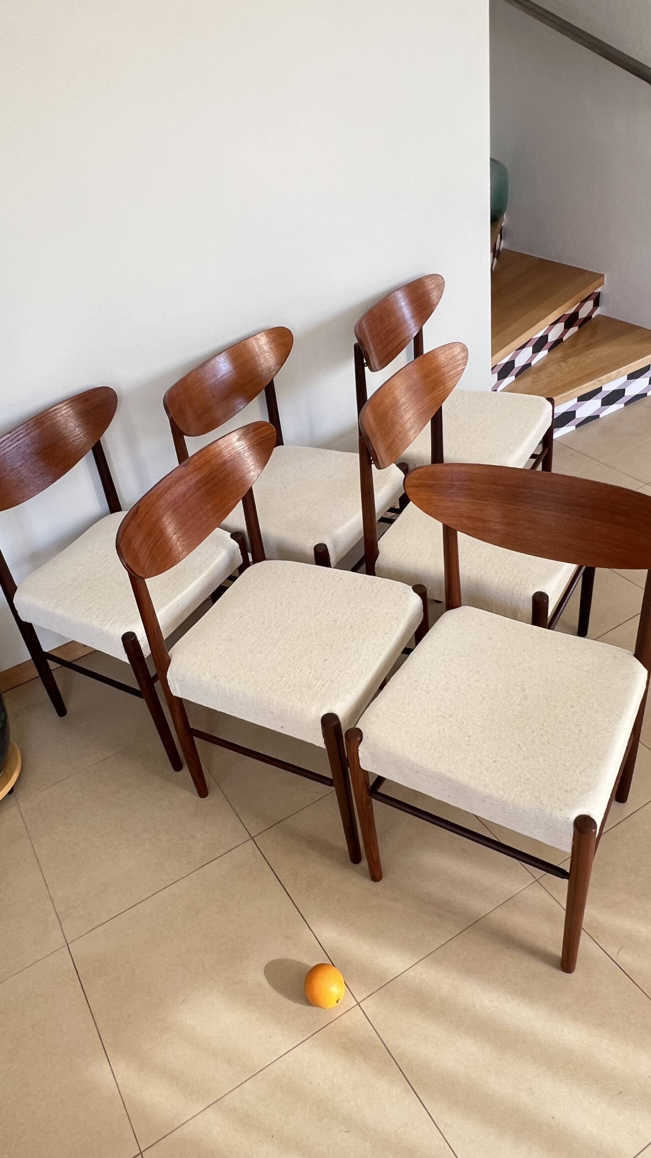 Set of 6 Scandinavian style Danish teak upholstered chairs. 1960s