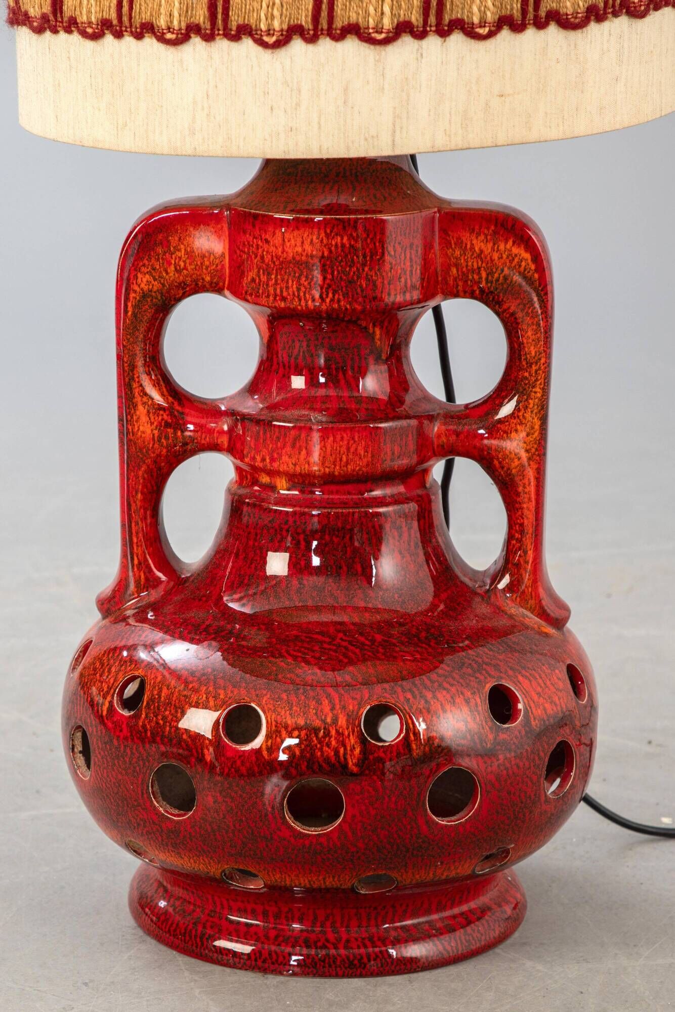 Ceramic Tall Enamelled Lamp in Red Tones Anonymous Artist France Vallauris 1960
