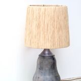 Signed ceramic lamp, raffia lampshade, 70s