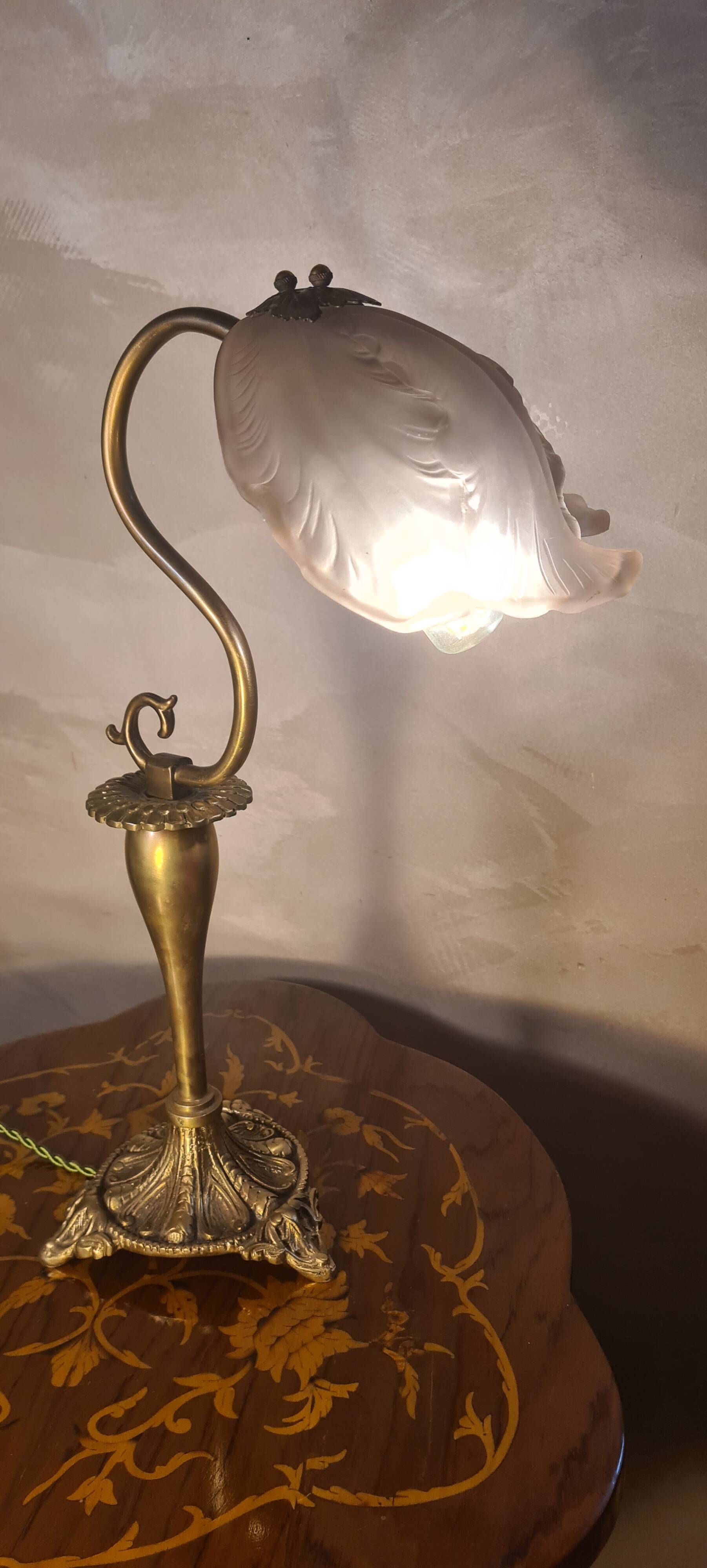 antique art nouveau bronze lamp with molded glass petals 43x25 cm
