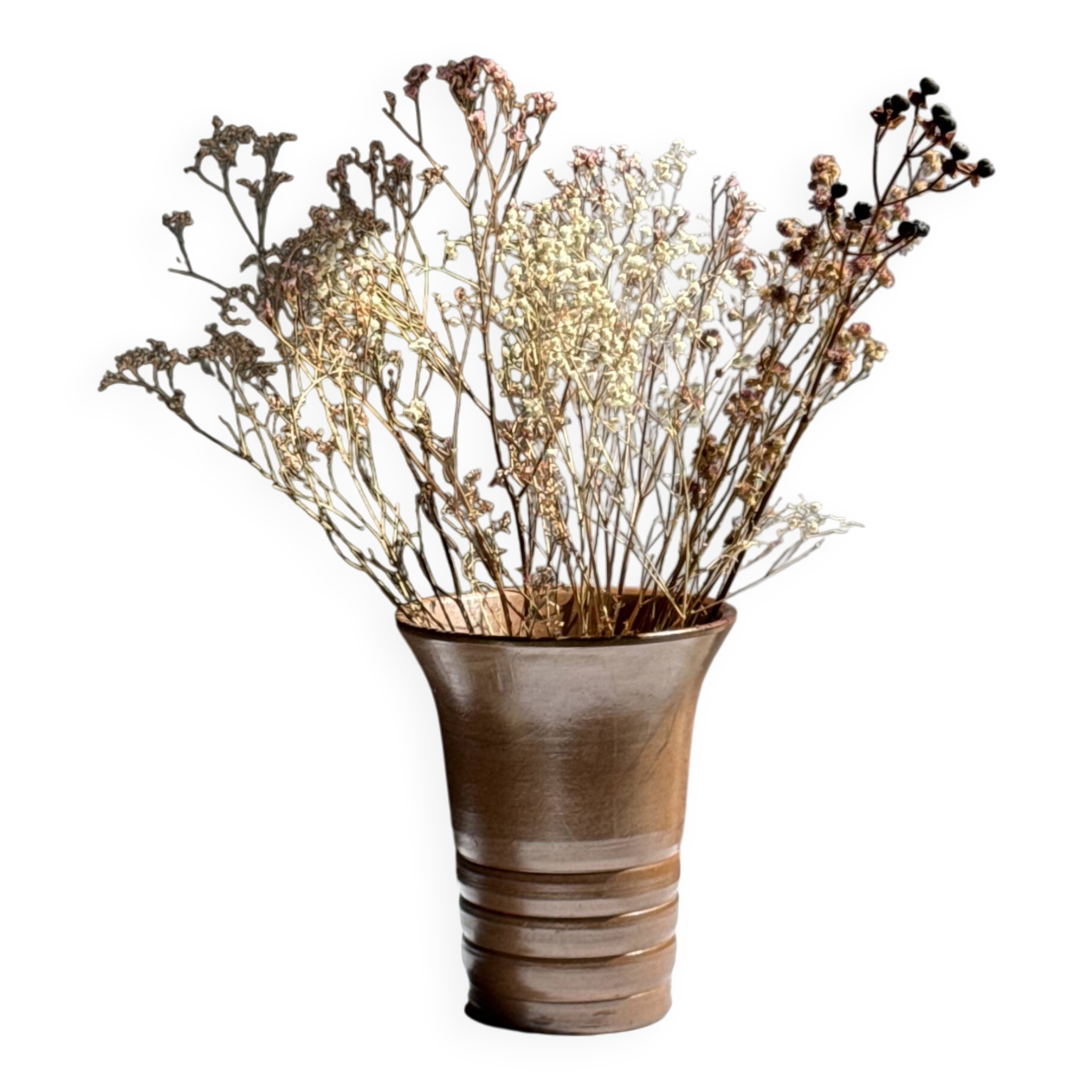 Vintage ceramic vase in glazed brown-orange with stripes H21.5 D19