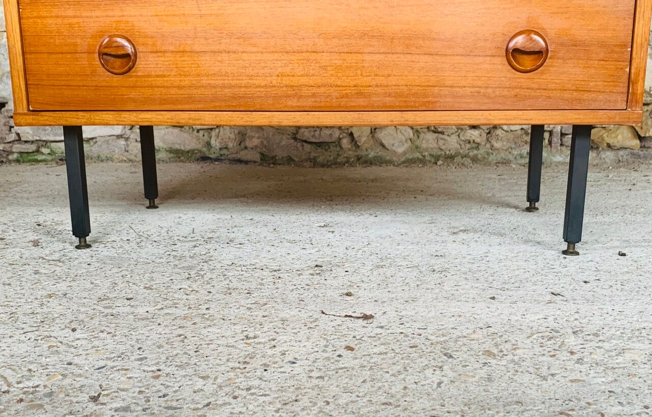 Vintage chest of drawers, Scandinavian teak style, circa 60 metal feet