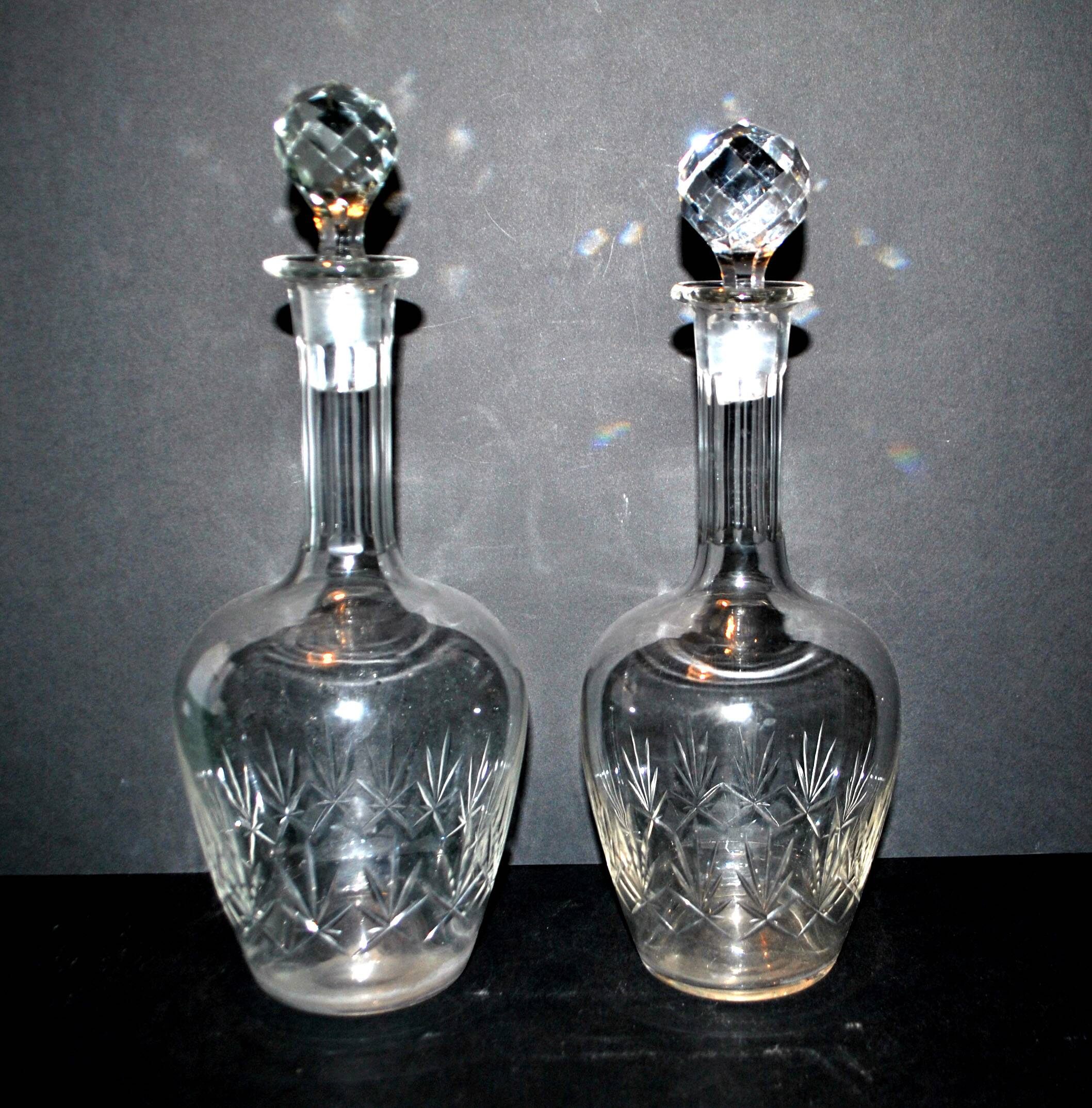 Set of 2 antique cut crystal wine decanters from Cristallerie Lorraine