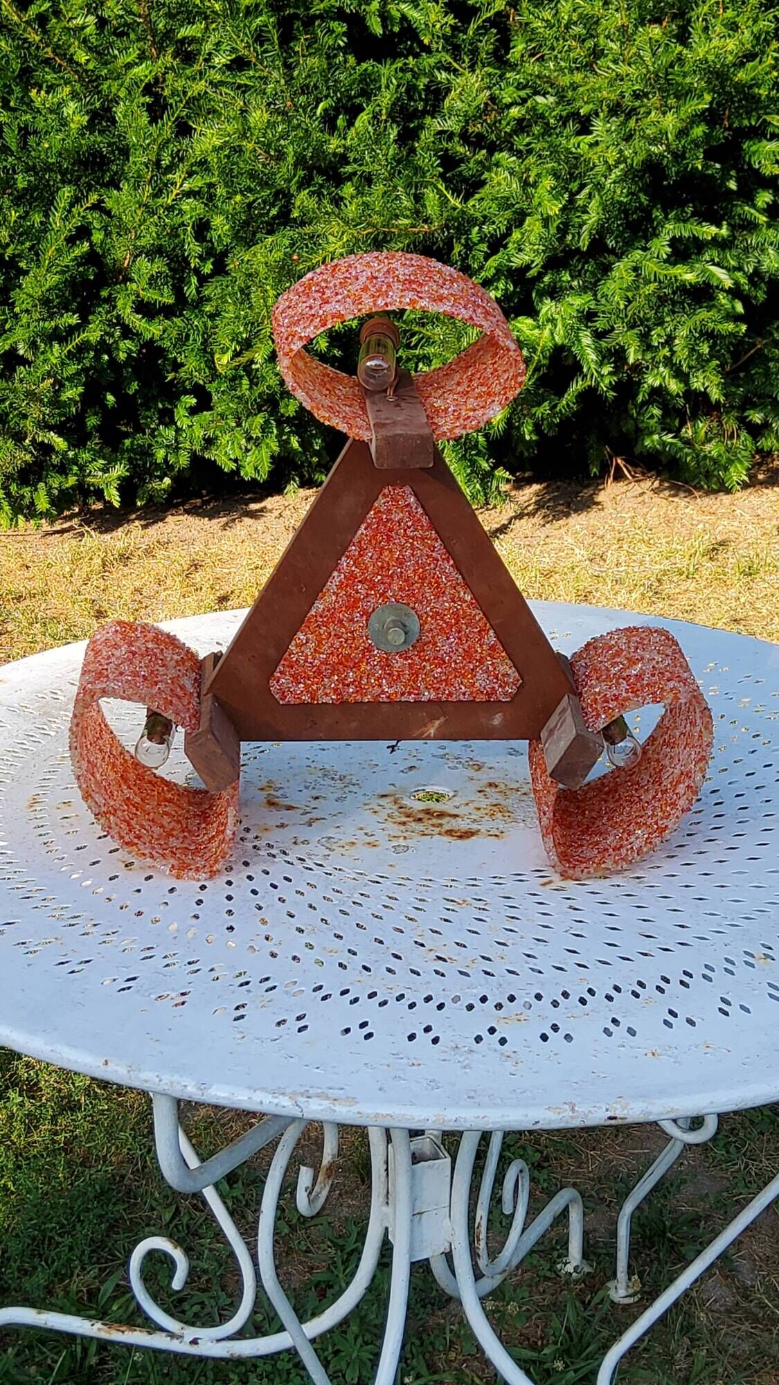 70s Scandinavian style chandelier in wood and orange granite resin 3 lights