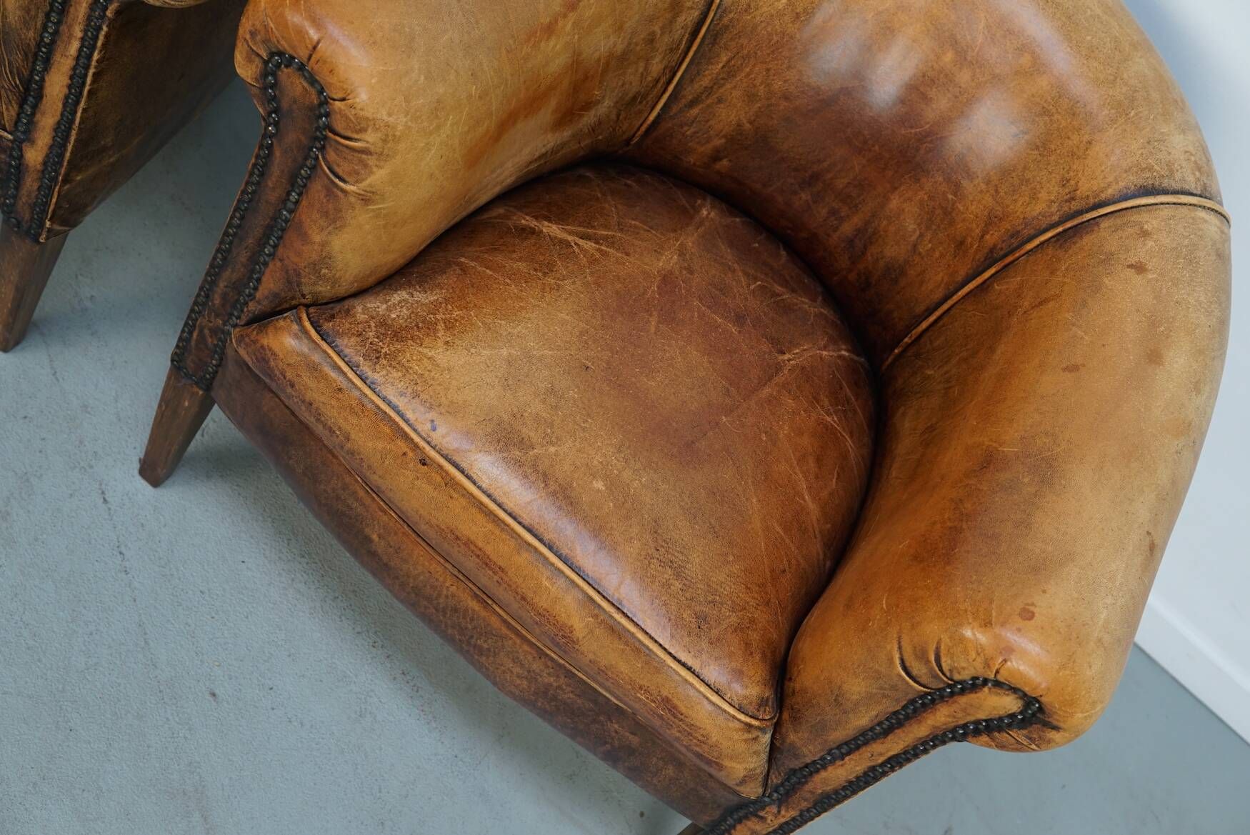 Vintage Dutch Cognac Leather Club Chairs, Set of 2