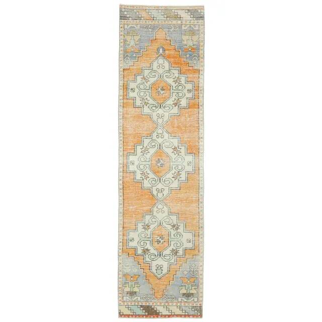 Vintage Turkish Hand-Knotted Wool Cotton Orange Runner Rug 69x271