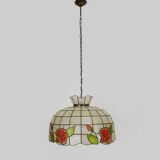 grande suspension, lustre en nacre et laiton, vintage, luminaire ancien. Années 70