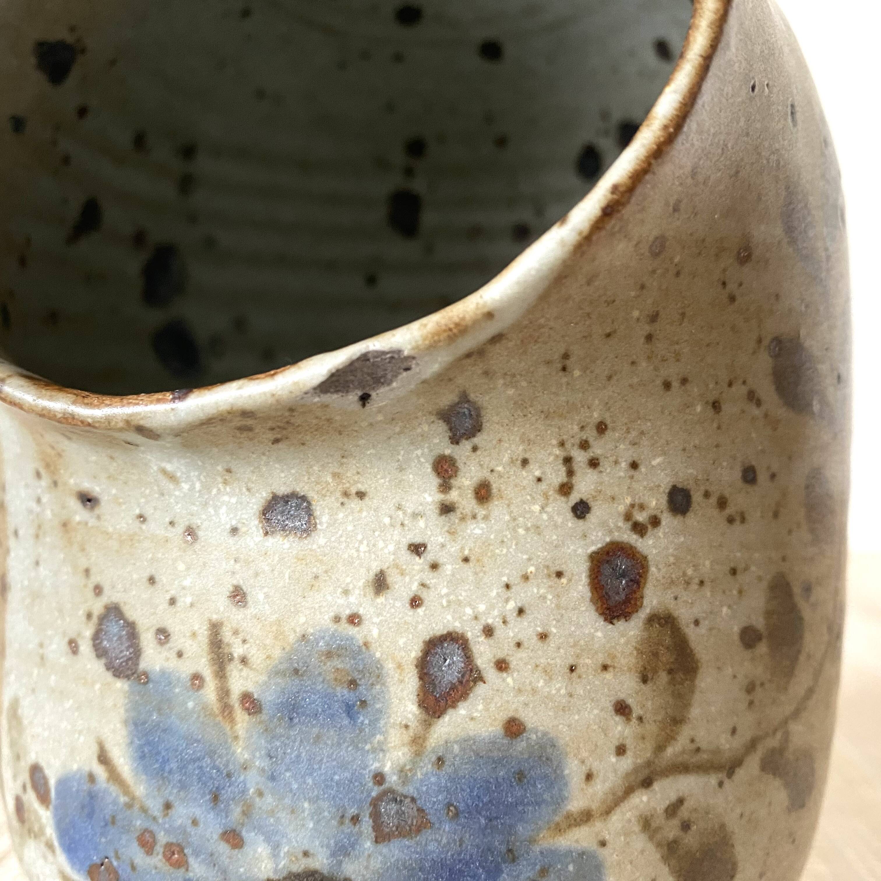 Stoneware salt pot, blue flower decor