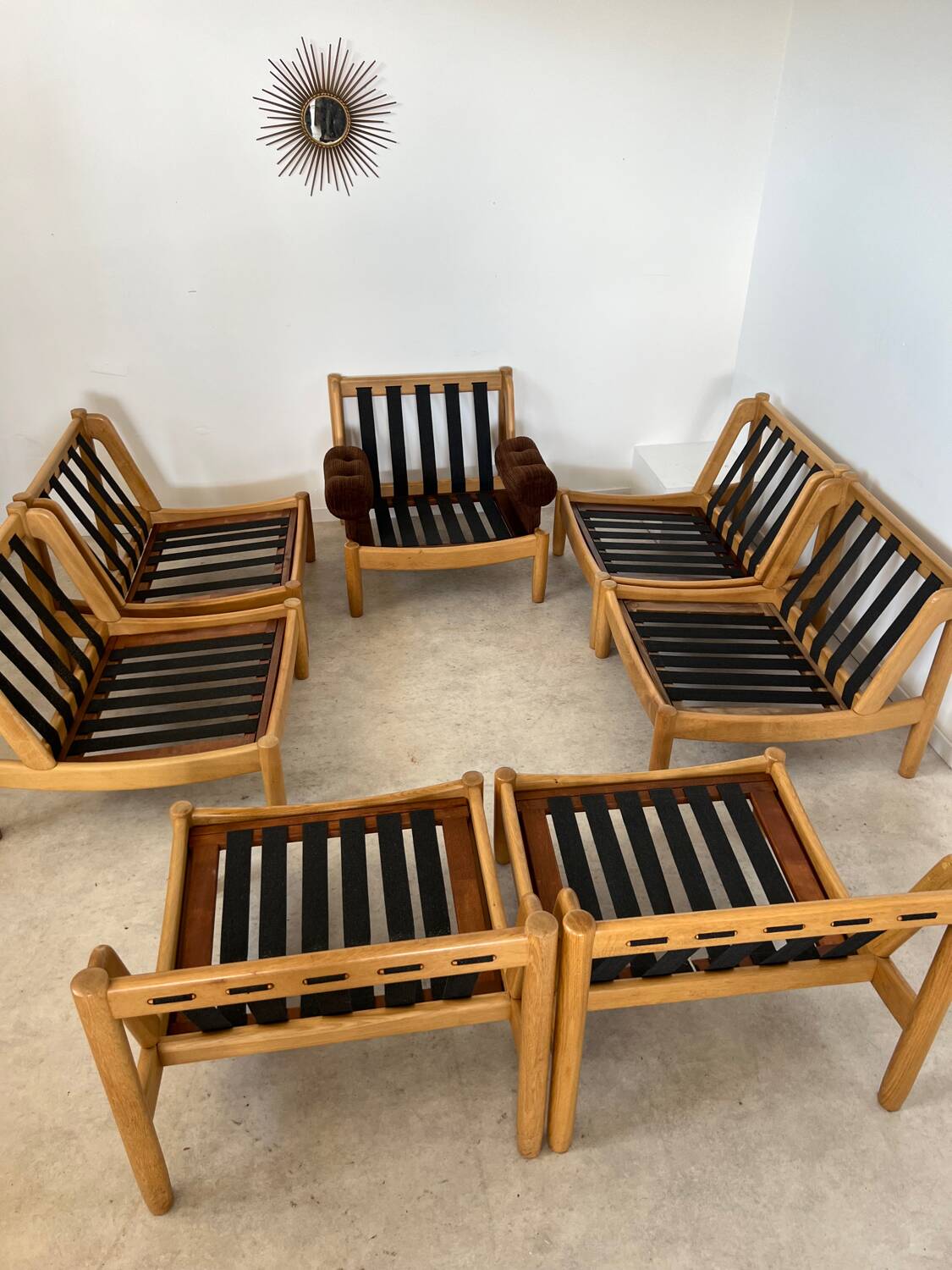 Old modular living room 7 armchairs and vintage Scandinavian design coffee table from the 60s