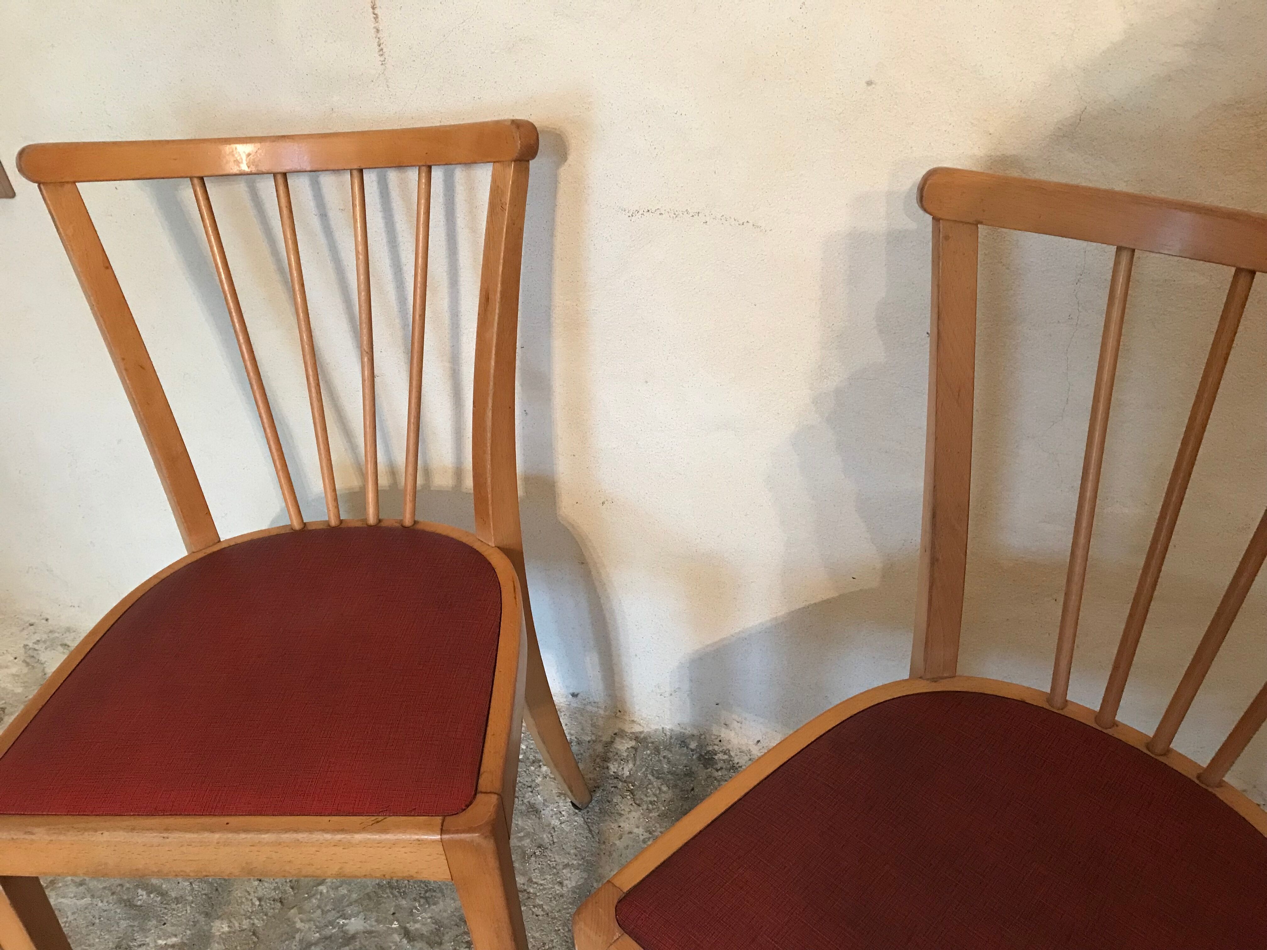 Pair of vintage bistro chairs 1960's blond wood and skaï