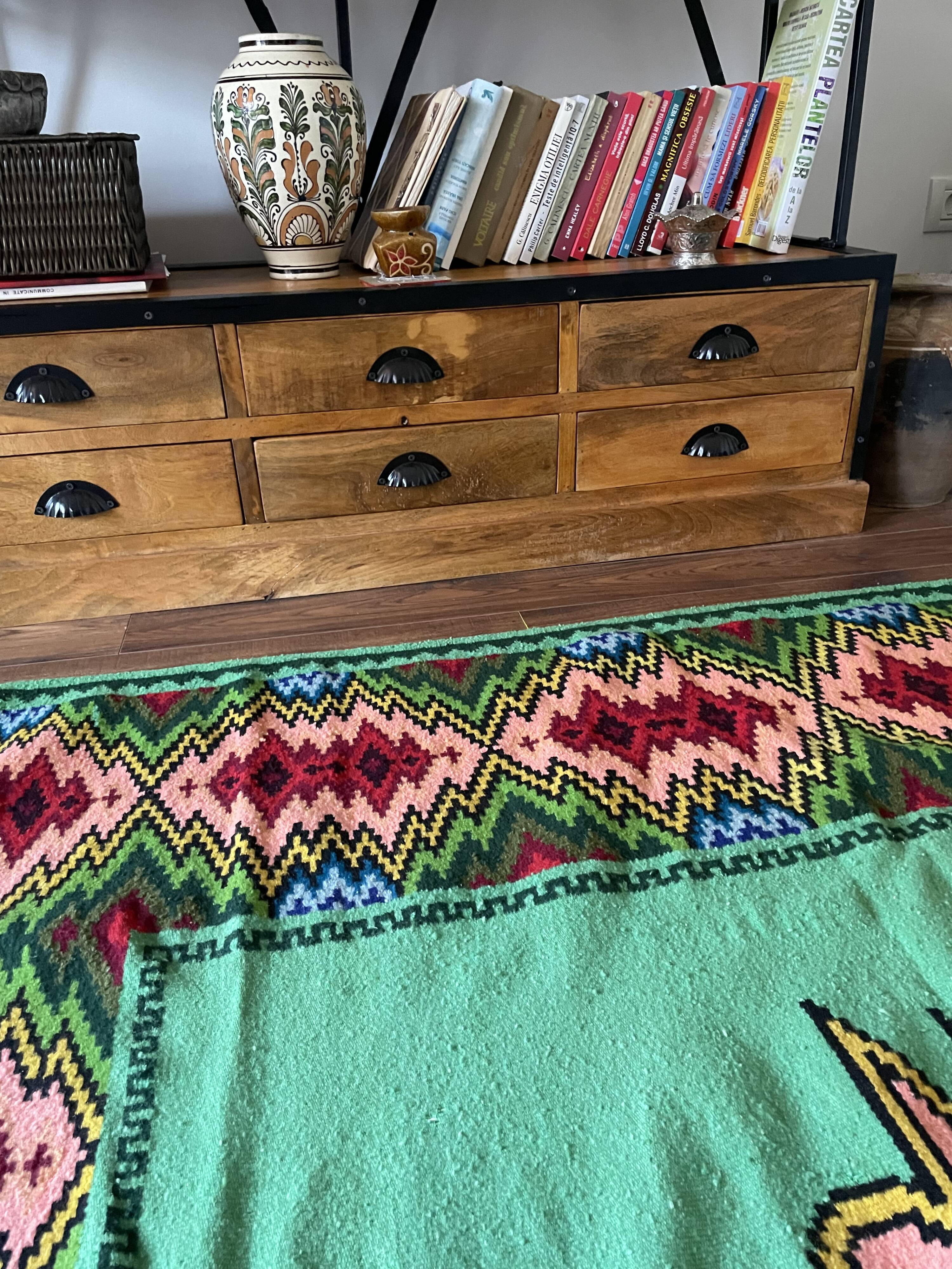 Romanian flatwoven rug geometrical design on a green turquoise background, 158x185 cm