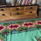 Romanian flatwoven rug geometrical design on a green turquoise background, 158x185 cm