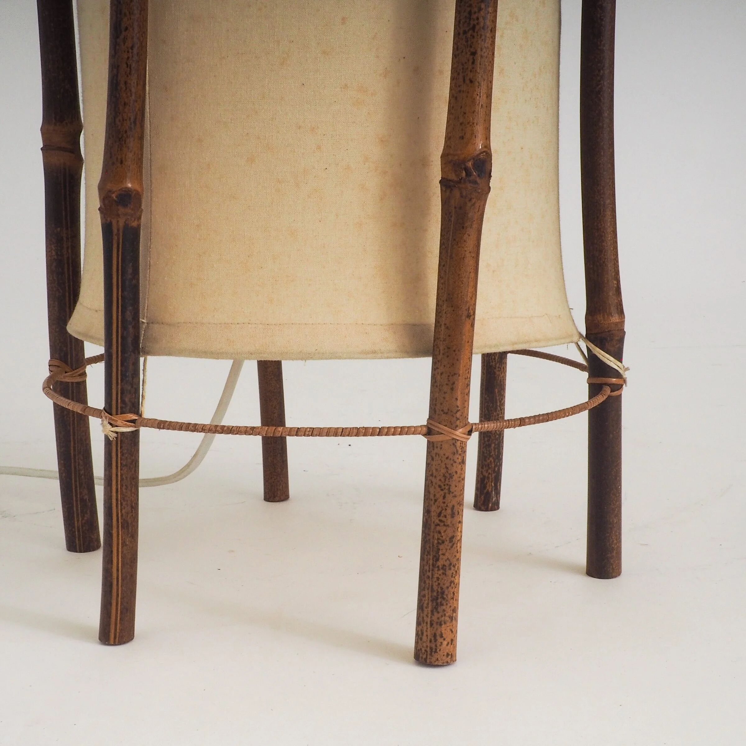 Large bamboo & linen floor lamp by Louis Sognot