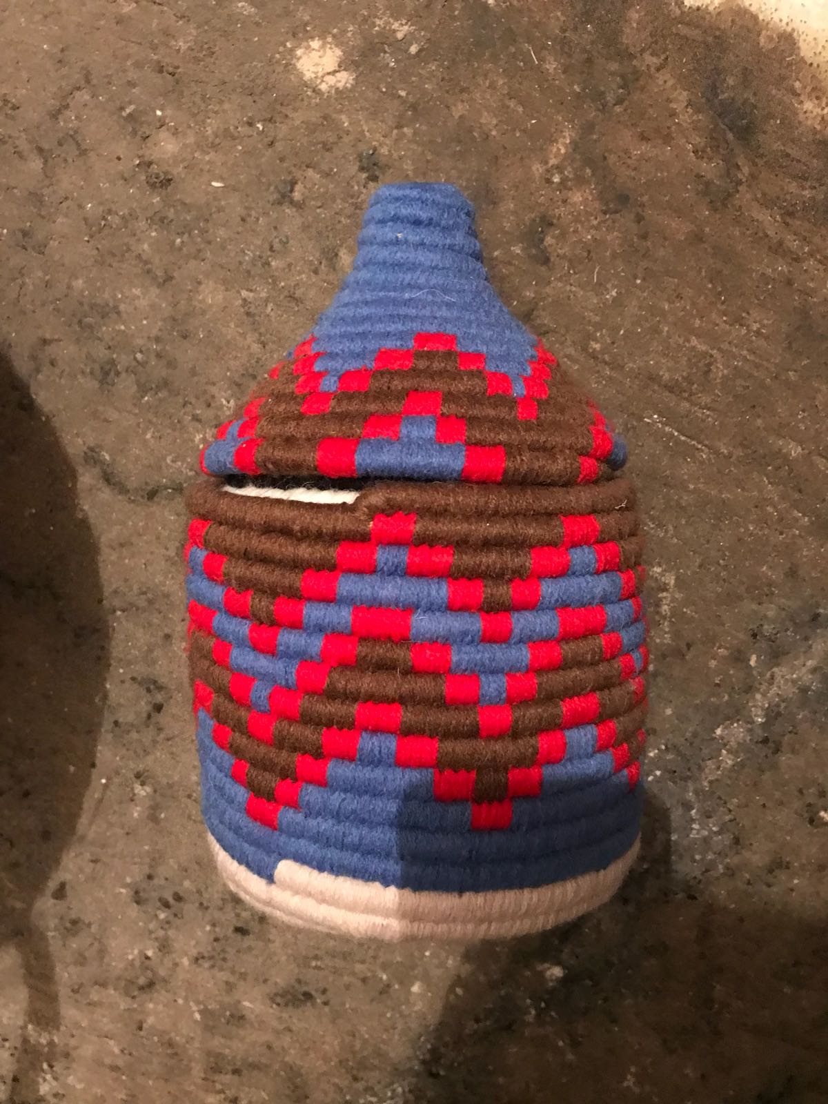 Berber red and gray wool and raffia basket