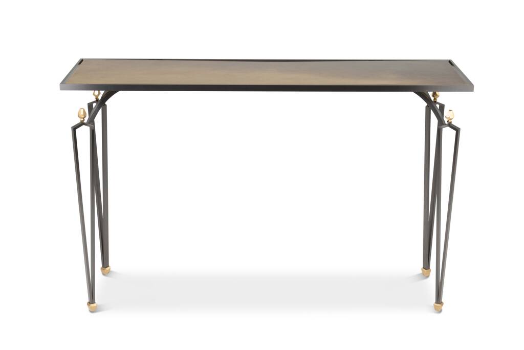 Rectangular console in steel and brass. Contemporary work.