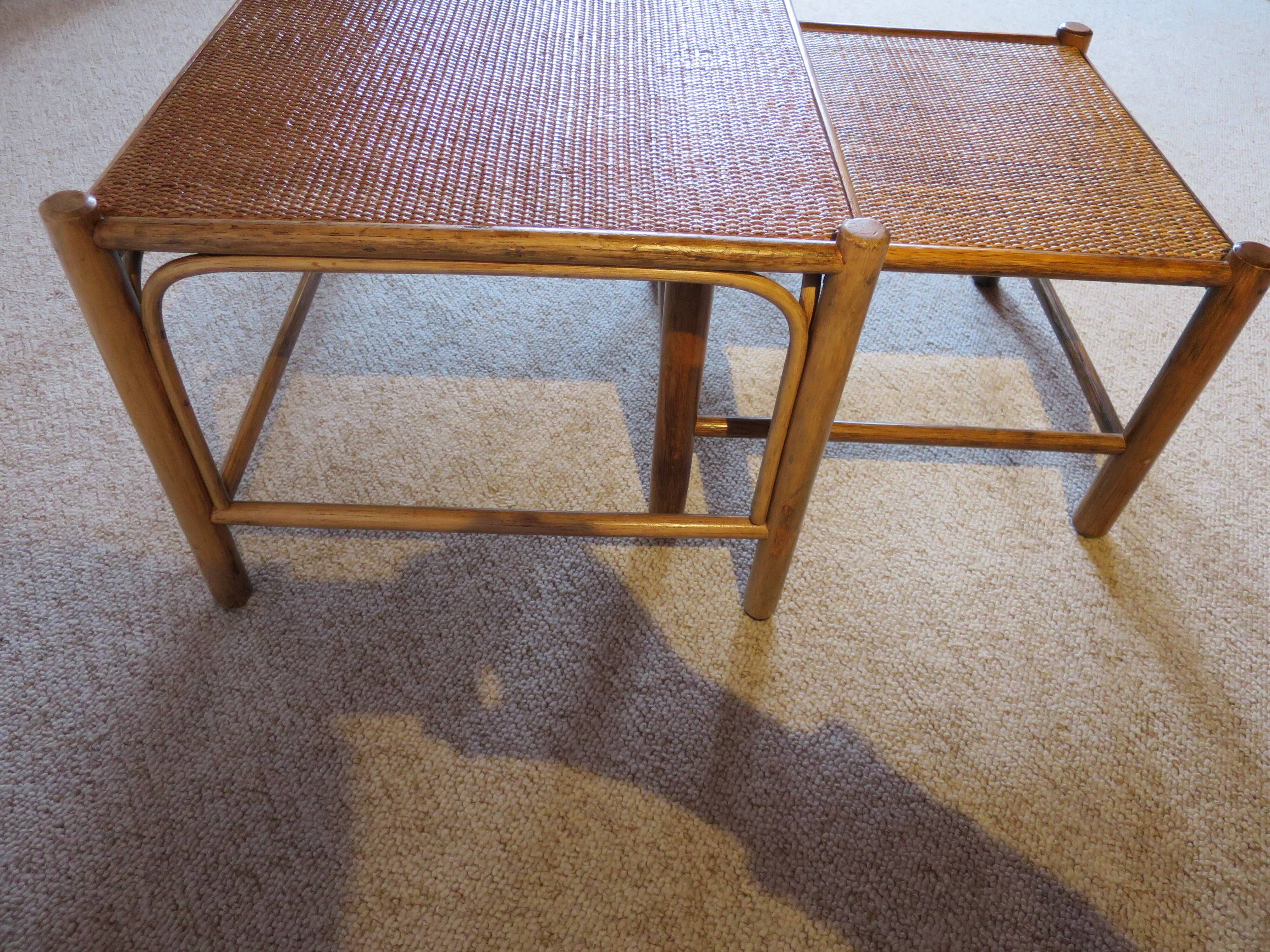 Vintage nesting coffee tables - wood and woven rattan - natural color - 60s