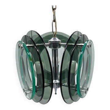 Suspension space age en verre épais vert gris fumé, dans le goût de Fontana