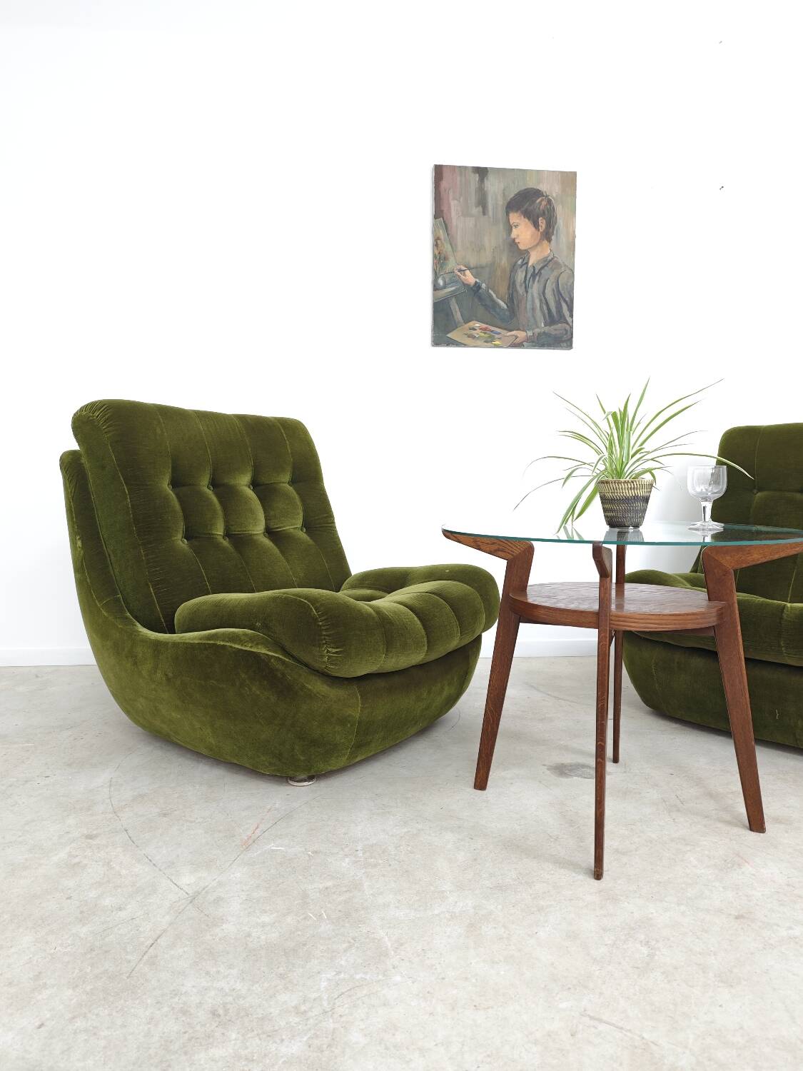 Pair of green velvet Atlantis armchairs by Jitona, ex Czechoslovakia 60s