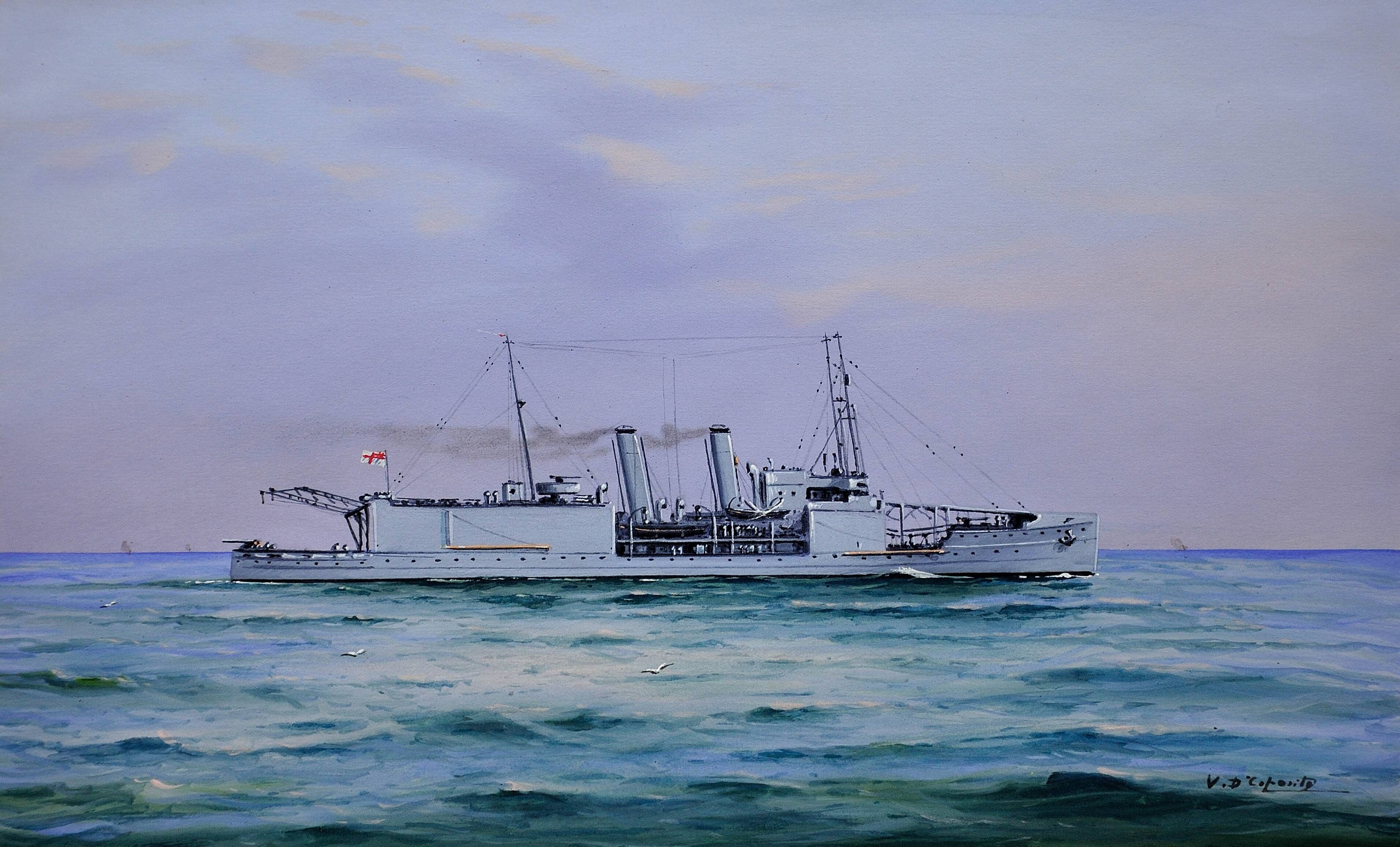 Vincenzo D’esposito 1886-1946. HMS Nairana Royal Navy Seaplane Carrier. Framed Gouache.