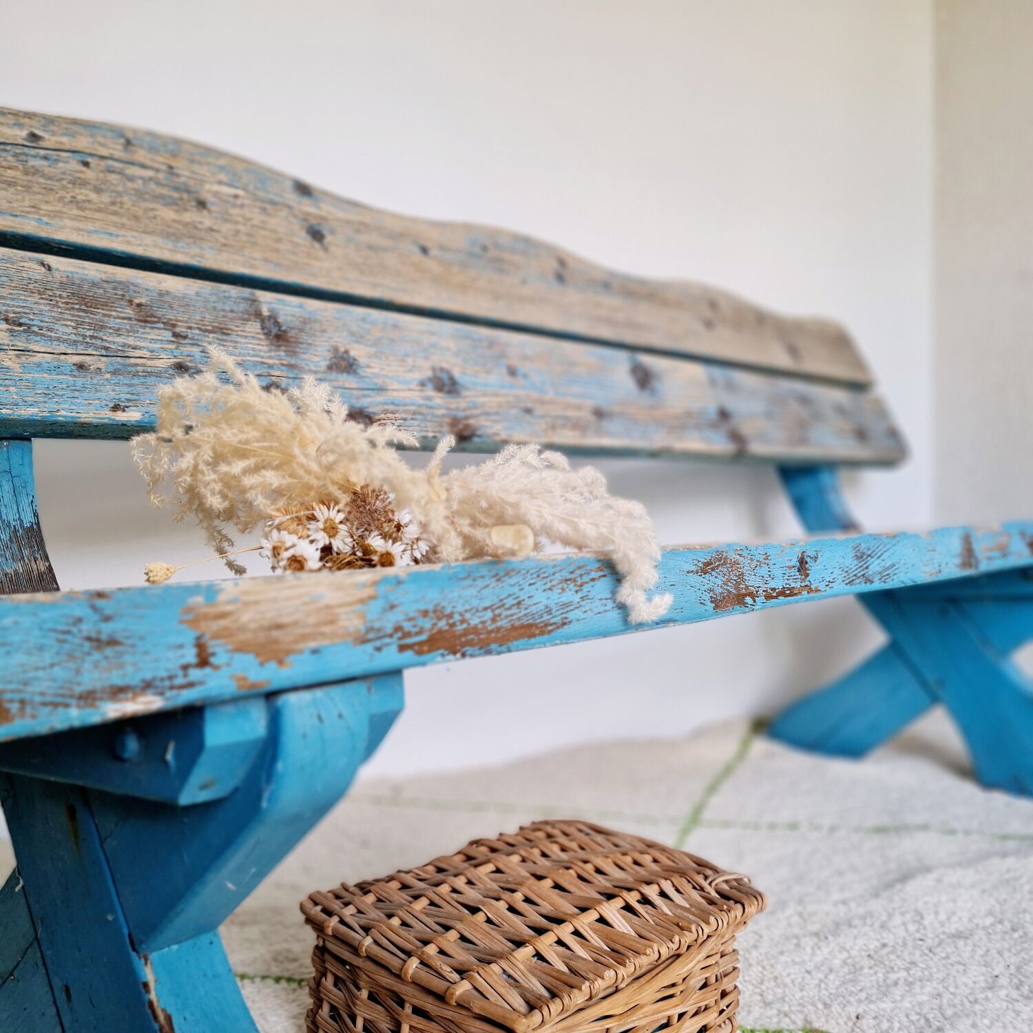 Outdoor bench in patinated blue solid wood