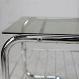 "Space age" coffee table, tubular steel, smoked glass, France, 1970s
