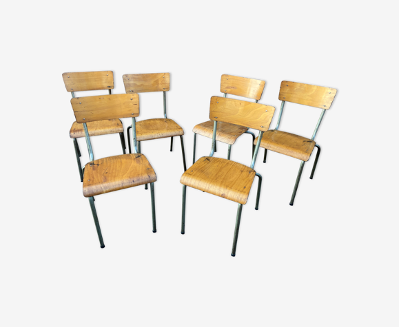 6 chaises industrielles ecole vintage collectivités Mullca DELAGRAVE tube & bois 1960