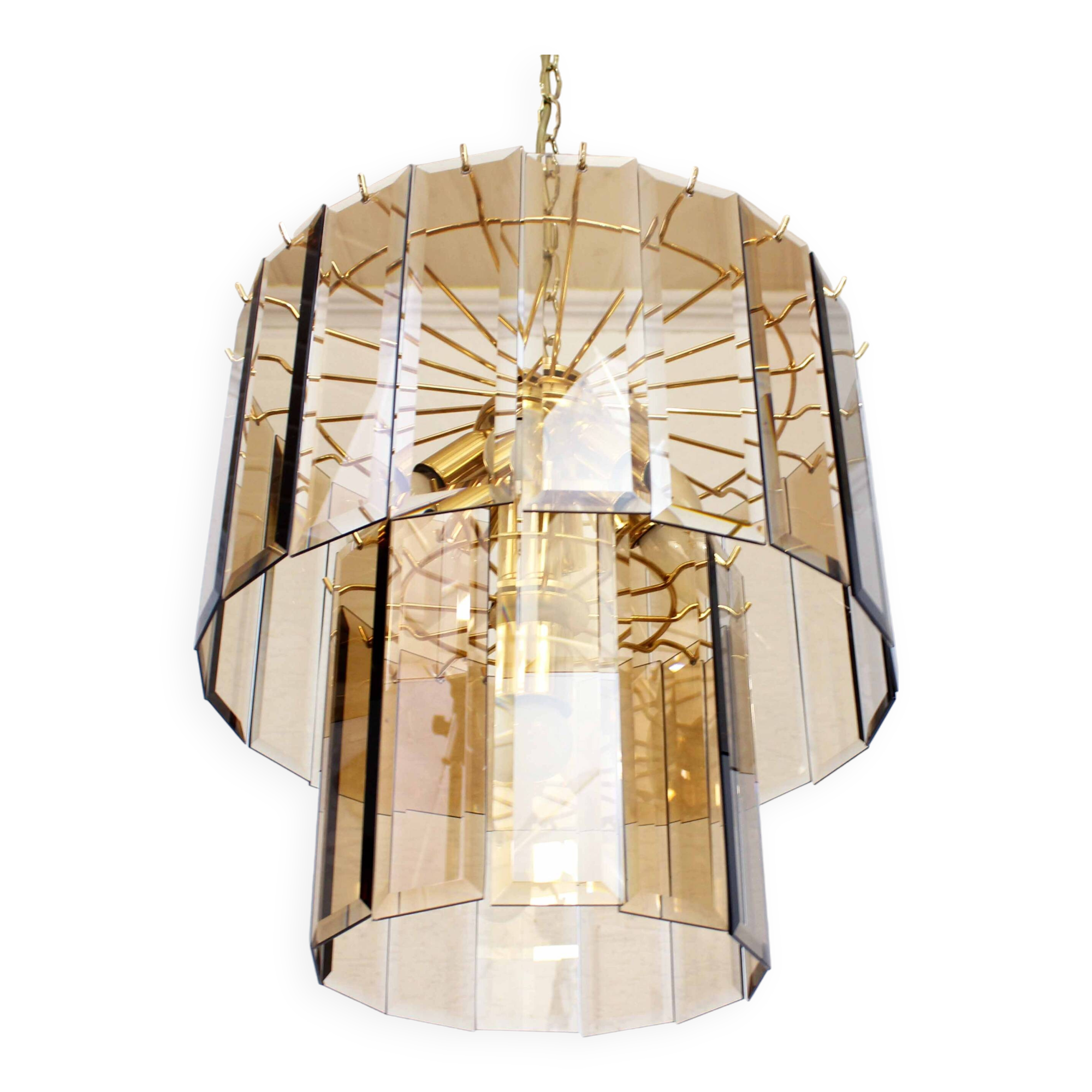 Italian chandelier in brass and beveled glass