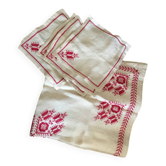 Hand embroidered linen tablecloth and napkins