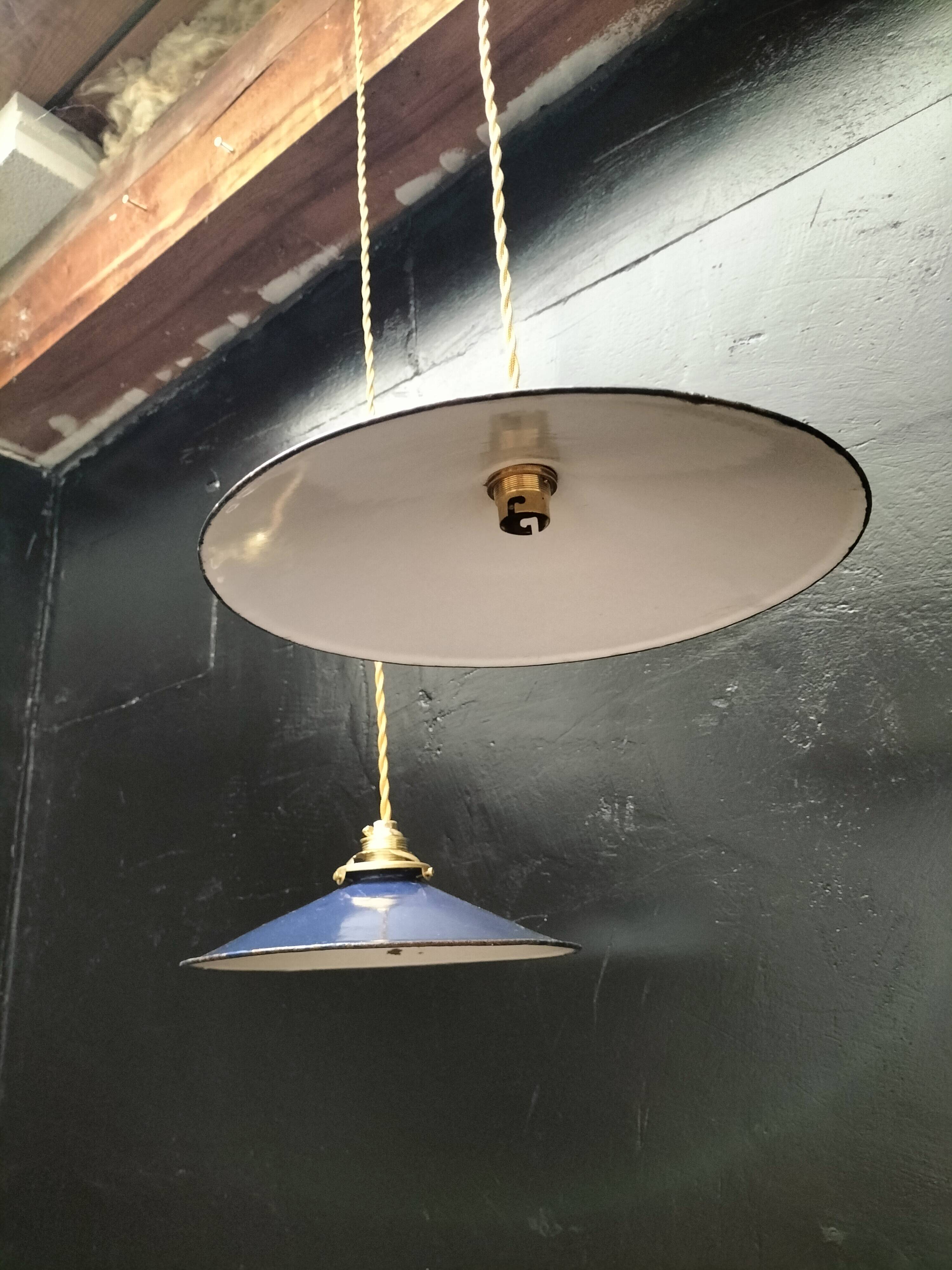 Blue enameled sheet metal pendant lights