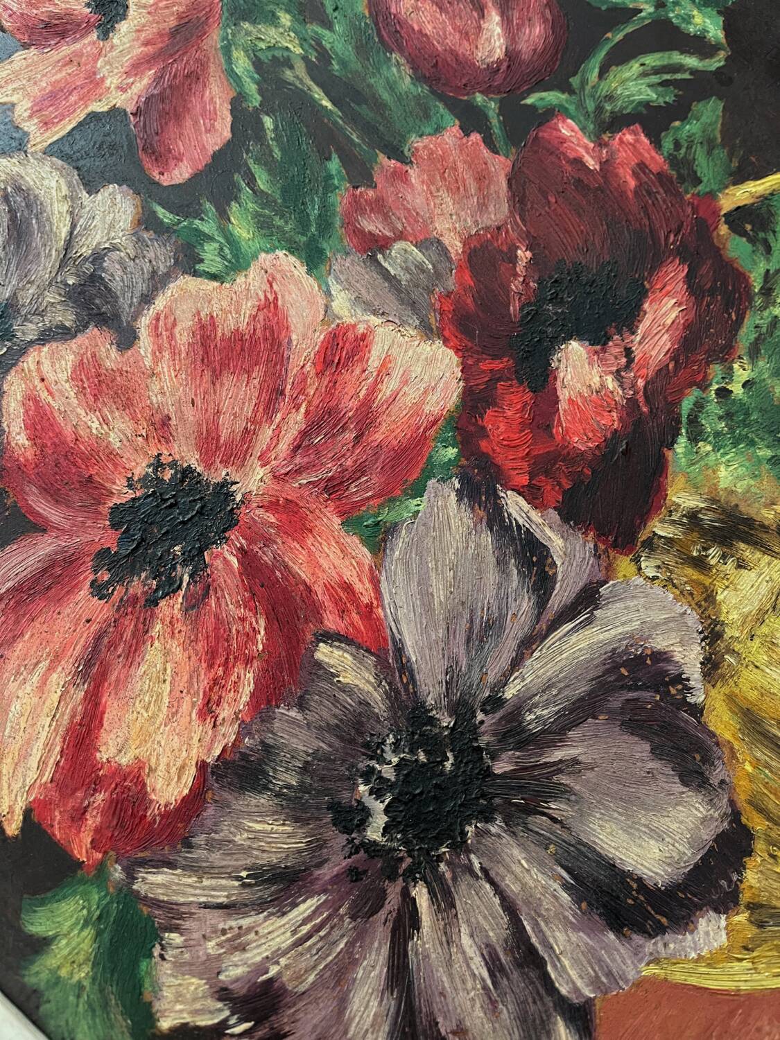 Antique painting, oil on cardboard, bouquet of anemones, signed