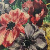 Tableau ancien peinture huile sur carton bouquet de fleurs anémones signée